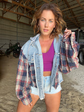 Load image into Gallery viewer, Navy Plaid Denim Jacket
