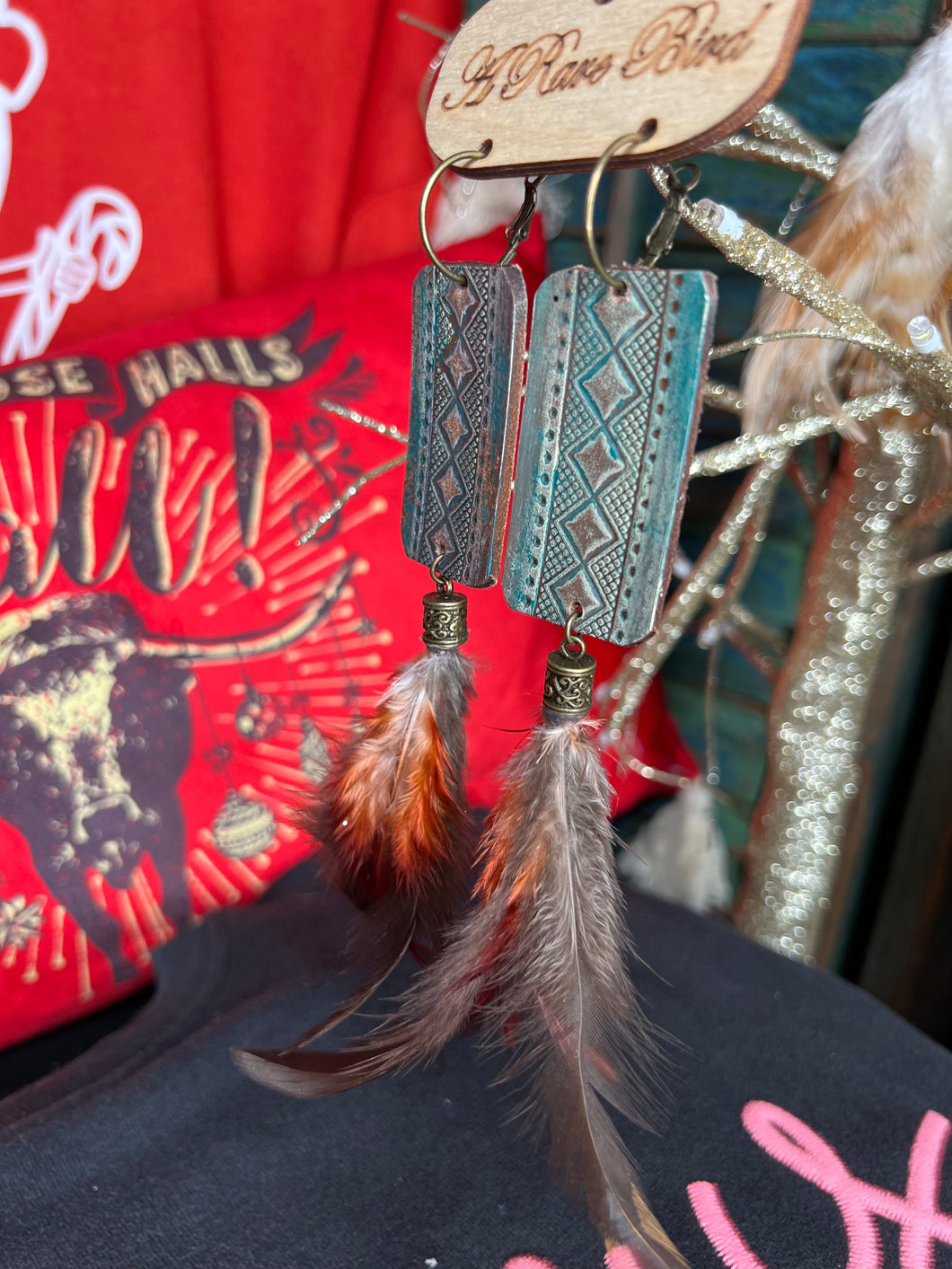Aztec Leather Feathers Earrings