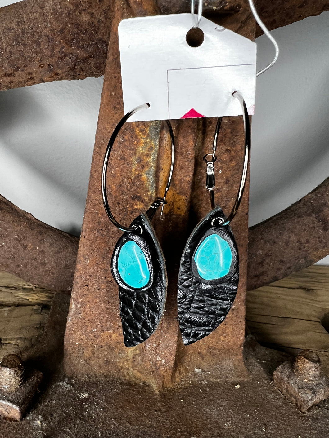 Black Turquoise Feather Earrings