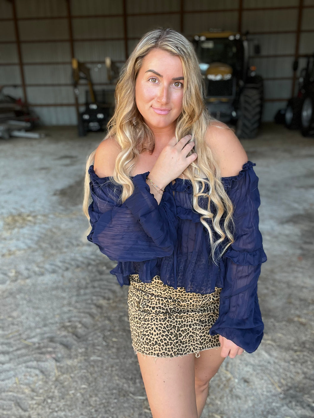 Navy Scoop Neck Ruffle Blouse
