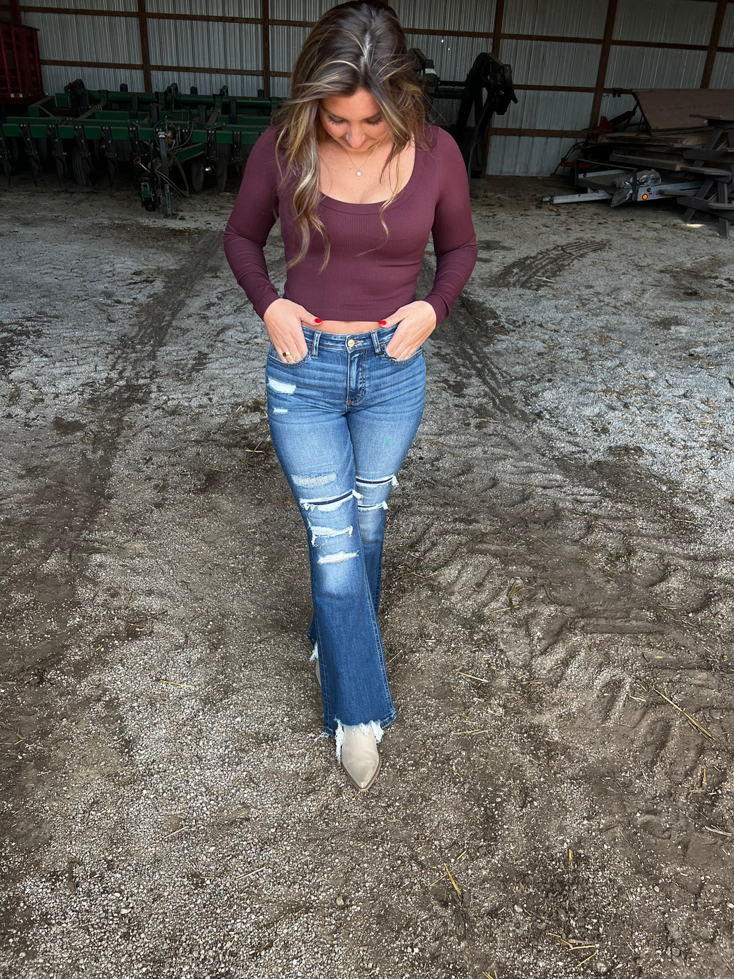 Boot Cut Distressed Mid Rise Jeans